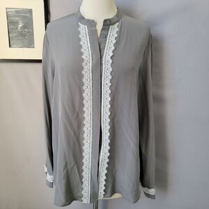 LillySilk Lace Trim Mulberry Silk Blouse Gray XL